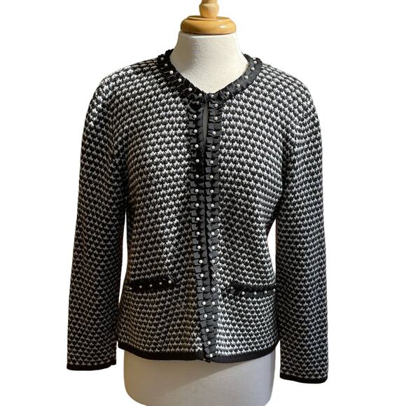JM Collection Black Silver Thread Sweater Cardigan Jacket Size PM Cotton Blend - Picture 1 of 13